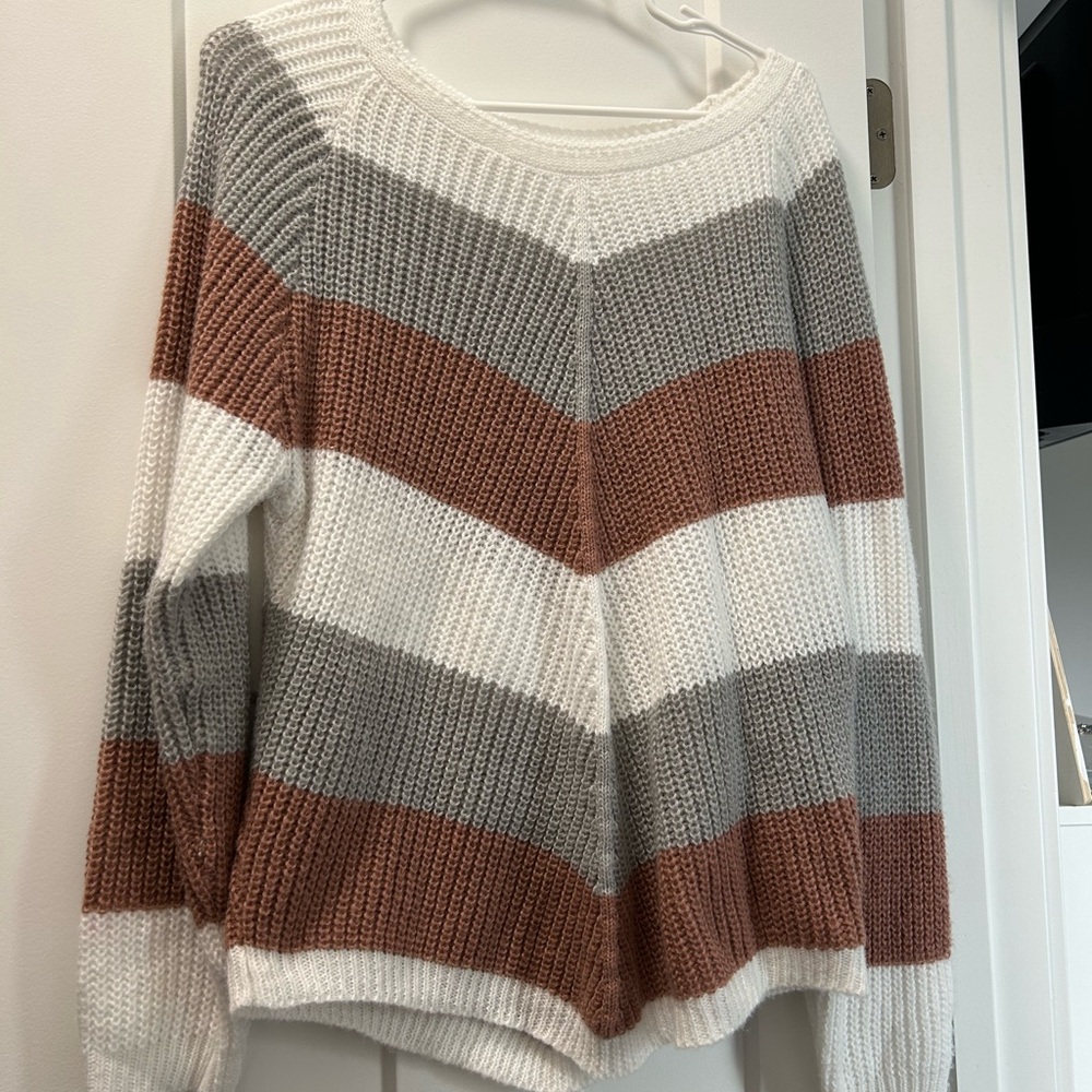 Striped Women's Sweater - White, Gray, and Brown